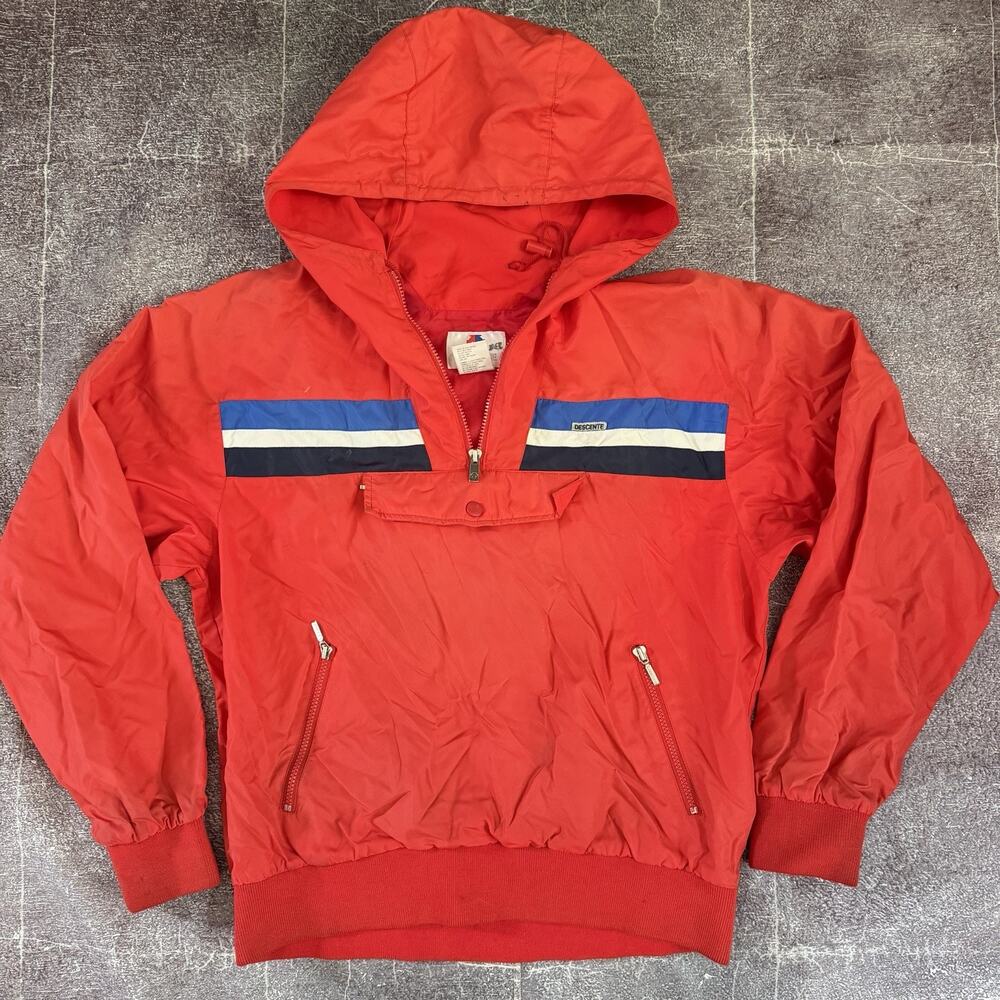 Men's Vintage 80's Descente Red White Blue Hooded Anorak Windbreaker Jacket Sz M
